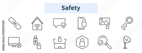 Safety set icon. Broken link, smart home security, verified chat, locked mobile, encrypted image, access key, blocked website, USB protection, marketplace security, monitoring system.