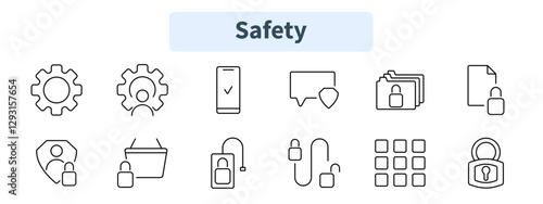 Safety set icon. Gear security, mobile authentication, encrypted messages, locked files, user protection, shopping security, padlock, access control, safe storage.