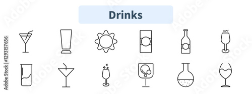 Drinks set icon. Martini, smoothie, fizzy drink, beer bottle, wine glass, soda, celebration drink, sparkling beverage, gourmet drink, mixology.