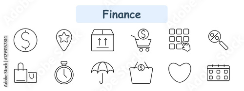 Finance set icon. Money symbol, favorite location, package delivery, shopping cart, keypad selection, discount search, shopping bag, stopwatch, insurance, purchase basket, loyalty program