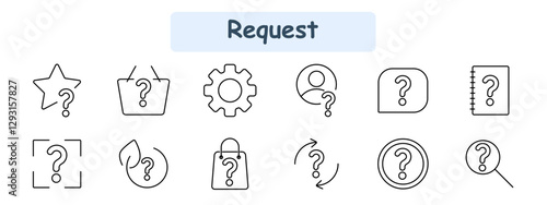 Request set icon. Favorite inquiry, shopping request, settings question, user query, chat question, notebook inquiry, scanning, eco request, bag request, process question, search question.