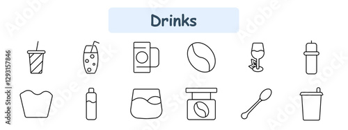 Drinks set icon. Soda cup, carbonated drink, coffee mug, coffee bean, wine glass, baby bottle, snack, water bottle, whiskey glass, coffee storage, stirring spoon, takeaway cup.