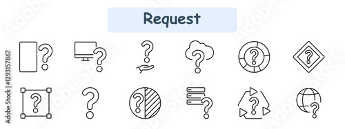 Request set icon. Mobile request, computer inquiry, help, cloud question, assistance cycle, alert, feedback, options question, global request.