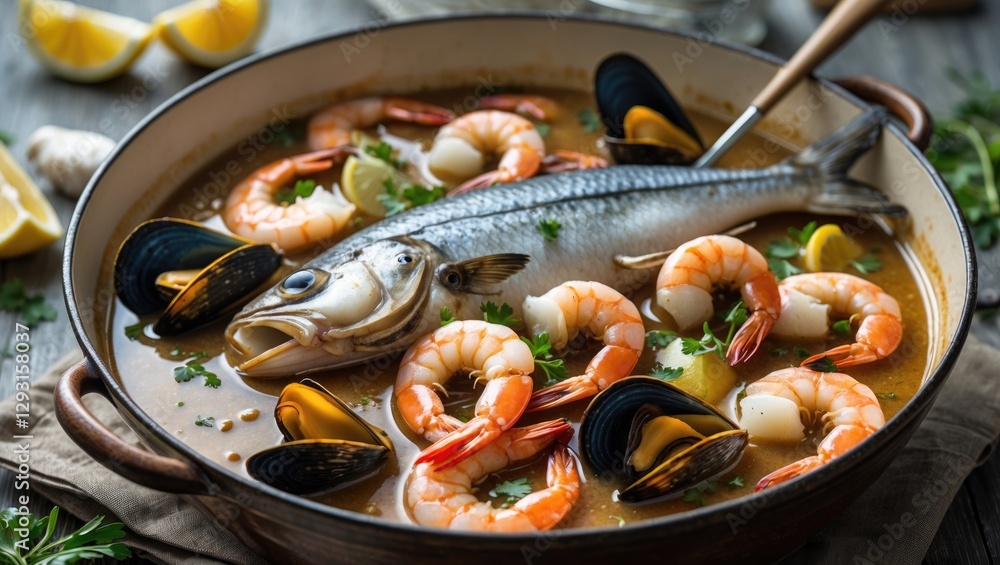 Seafood Stew with Prawns, Fish, and Mussels Garnished with Fresh Herbs and Lemon Slices in a Rustic Setting Seafood Stew with Prawns, Fish, and Mussels Garnished with Fresh Herbs and Lemon Slices in a Rustic Setting