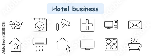Hotel business set icon. Five-star rating, booking calendar, security camera, first aid, computer, server, email, hotel building, air conditioning, smart home, TV, kitchen, coffee cup.