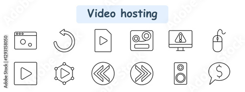 Video hosting set icon. Web player, refresh, video file, film reel, error screen, computer mouse, play button, media sharing, rewind, fast-forward, speaker, financial discussion.