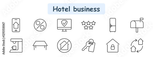 Hotel business set icon. Mobile booking, discount, security system, star rating, fridge, mailbox, coffee machine, table, cancellation, room key, smart lock, house exchange