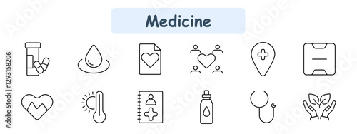 Medicine set icon. Pills, drop, medical document, community health, hospital location, first aid kit, heartbeat, thermometer, medical record, sanitizer, stethoscope, herbal medicine.
