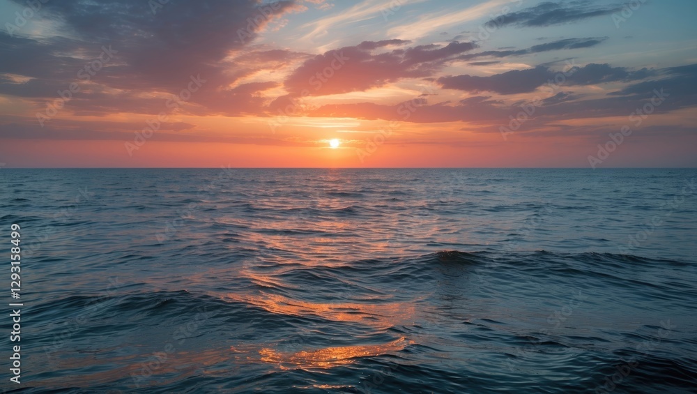 Obraz premium Vibrant Sunset Over Serene Ocean Waves Creating a Calming Seascape in Warm Hues of Orange and Pink