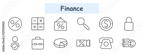 Finance set icon. Percentage, calculator, discount board, magnifier, currency, padlock, verification, briefcase, pie chart, coupon, phone call, euro.