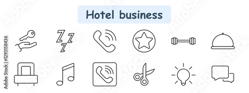 Hotel business set icon. Key, sleep, phone call, star, dumbbell, reception bell, armchair, music, call service, scissors, light bulb, speech bubble.