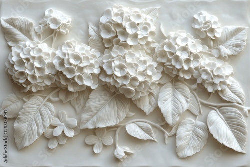 Detailed bas relief of hydrangea flowers and leaves on a textured background capturing intricate craftsmanship and design