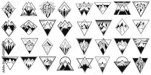 Geometric mountain vector illustration, black and white, perfect for tattoos or logos