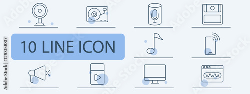 Multimedia and technology set icon. Webcam, turntable, smart speaker, floppy disk, music note, wireless phone, megaphone, video player, computer, web browser.