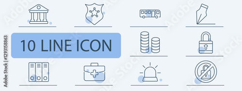 Law and security set icon. Government, police badge, bus, pen, coins, lock, files, first aid kit, siren, unlock restriction.