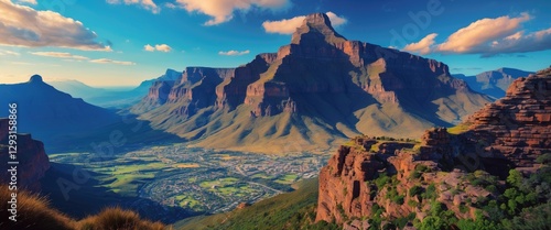 Scenic view of Table Mountain showcasing its majestic peaks and lush valleys under a vibrant sky during golden hour.