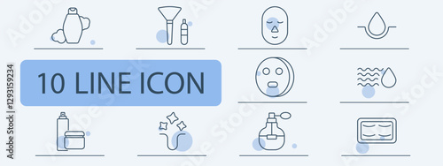 Beauty and skincare set icon. Shower gel, makeup tools, face mask, hydration, skincare, cosmetics, lotion, perfume, glow, spa treatment.