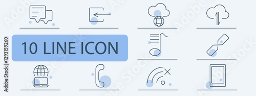 Communication and connectivity set icon. Messages, file transfer, cloud computing, network, music, call, laptop, phone, weak signal, tablet.