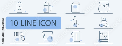 Beverage and drinks set icon. Bottle, beer, milk carton, whiskey glass, wine, coffee cup, hydration, water, mug, sparkling drink.