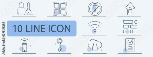 Security set icon. Padlock, access control, restriction, home security, wireless network, smart key, cloud protection, mobile authentication, digital safety, verification.
