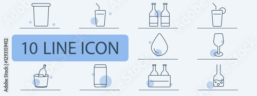 Beverage set icon. Coffee cup, smoothie, bottled drink, cocktail, hydration, wine glass, alcohol, soft drink, juice, refreshment.