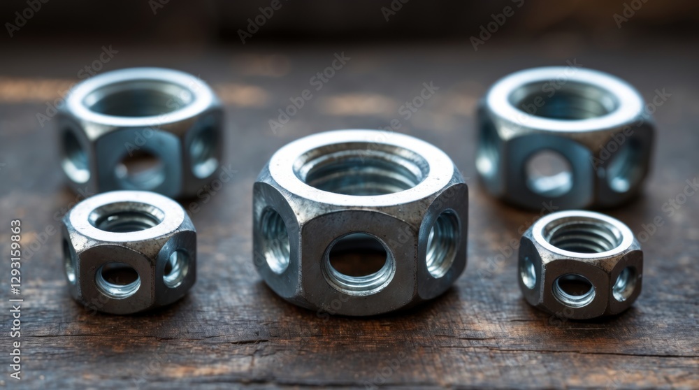 Obraz premium Steel screw nuts in various sizes arranged on a wooden surface showcasing their intricate designs and threading details.