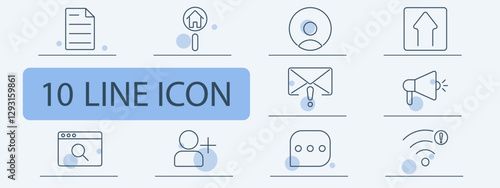 Communication set icon. Document, house search, profile, upload, alert email, loudspeaker, browser search, add user, chat, weak signal.