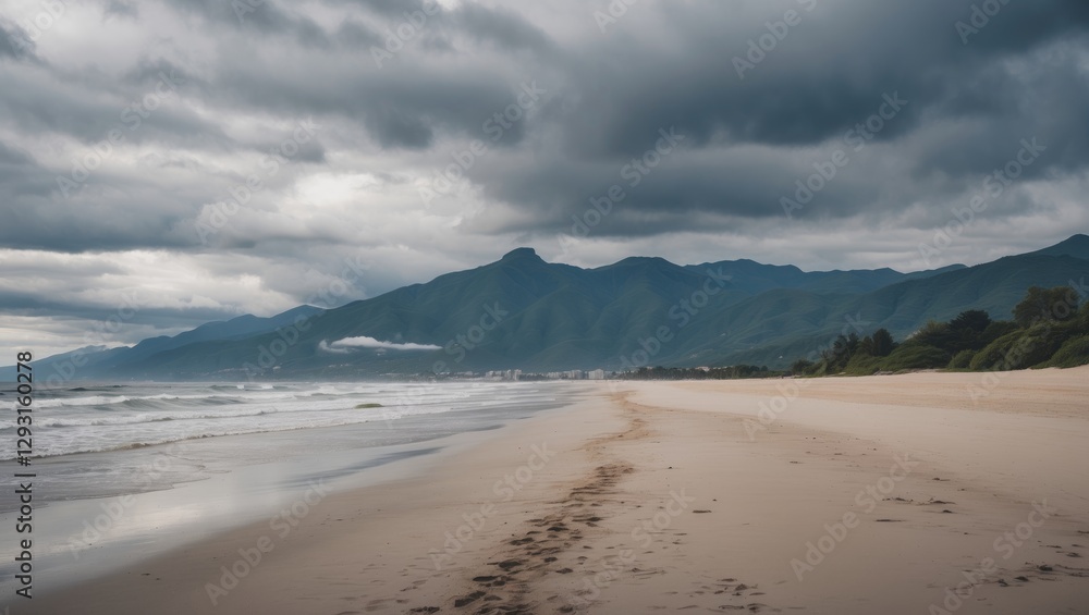 Serene Sand Beach with Dramatic Mountain Backdrop Under Overcast Sky Tranquil Coastal Landscape for Nature and Travel Themes Serene Sand Beach with Dramatic Mountain Backdrop Under Overcast Sky Tranquil Coastal Landscape for Nature and Travel Themes