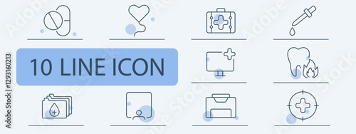 Healthcare and medical set icon. Pills, heart balloon, first aid box, dropper, digital diagnosis, burning tooth, medical records, prescription, treatment folder, health target.