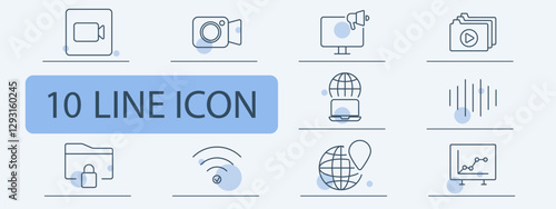 Internet connection set icon. Download, video call, recording, sound waves, global location, Wi-Fi, streaming, speaker, media files, online connection, analytics, secure folder.