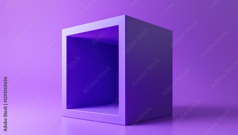 Hollow purple cube in 3D render, open front, subtle purple gradient. Hollow purple cube in 3D render, open front, subtle purple gradient.