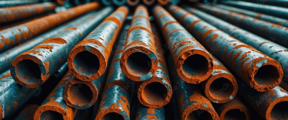 Rusty steel pipes stacked in a metal warehouse showcasing weathered textures and industrial elements for construction and reinforcement use. Rusty steel pipes stacked in a metal warehouse showcasing weathered textures and industrial elements for construction and reinforcement use.