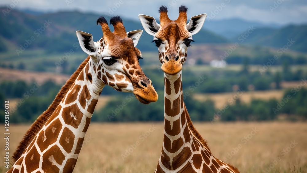 Obraz premium Giraffes observing their surroundings in a natural habitat, showcasing wildlife interaction and companionship in the savannah landscape.