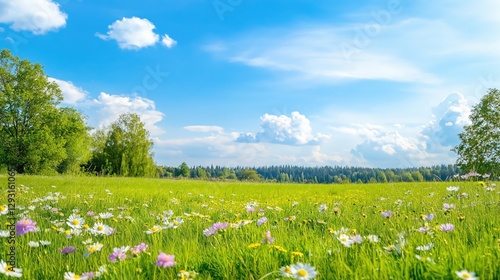 Summer meadow with wildflowers under clear blue skyм