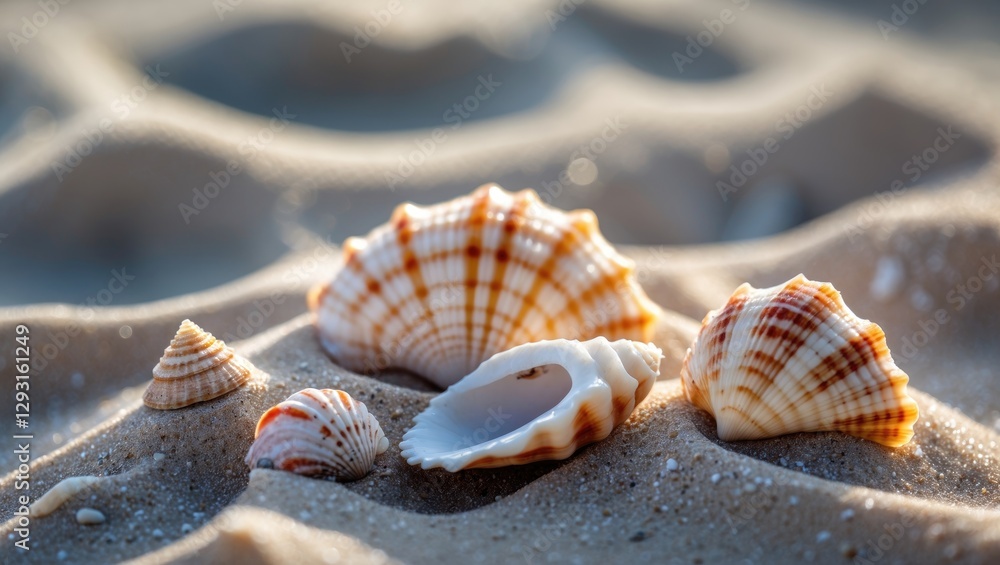 Seashells on sandy beach with soft waves creating gentle patterns in the background for a tranquil coastal atmosphere. Seashells on sandy beach with soft waves creating gentle patterns in the background for a tranquil coastal atmosphere.