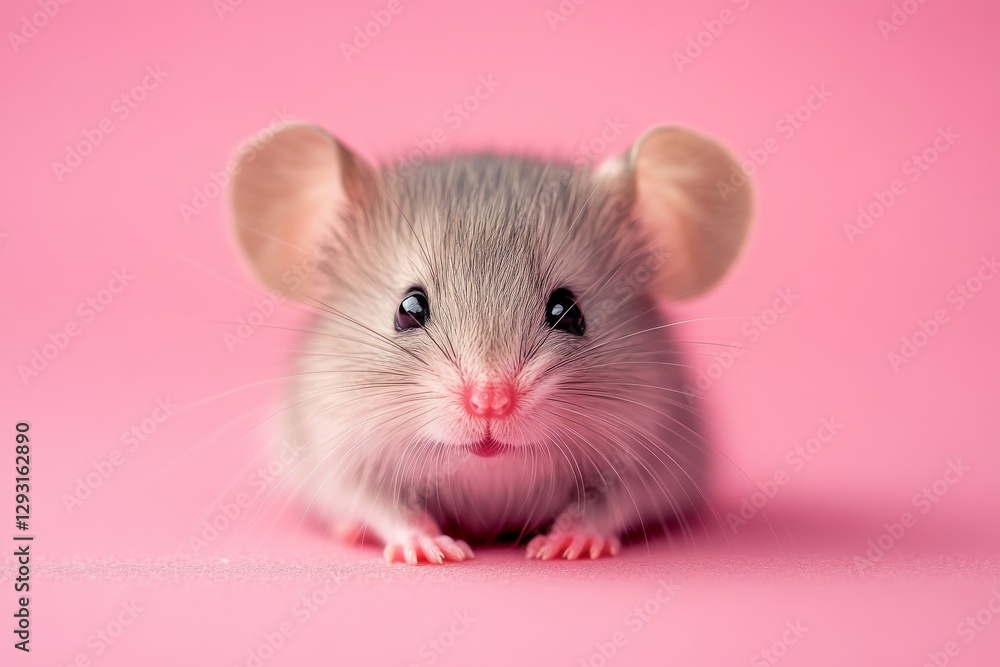 Cute small mouse with large ears sitting on a pink background in a playful and curious pose