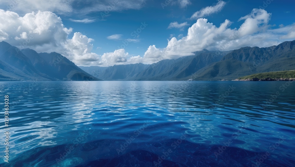 Fototapeta premium Tranquil deep blue ocean reflecting mountains under a clear sky with fluffy clouds creating a serene and picturesque coastal landscape.