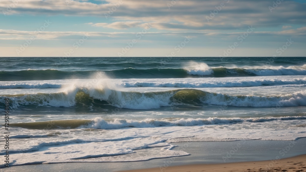 Serene Seascape with Gentle Waves Breaking on Sandy Beach under a Soft Cloudy Sky