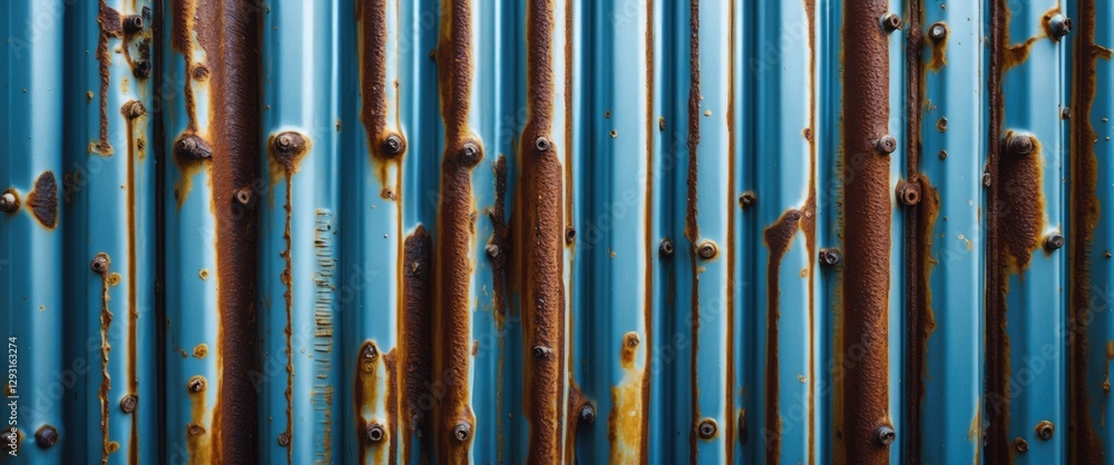 Weathered blue corrugated metal sheet with rust patterns and texture suitable for industrial or vintage design themes. Weathered blue corrugated metal sheet with rust patterns and texture suitable for industrial or vintage design themes.