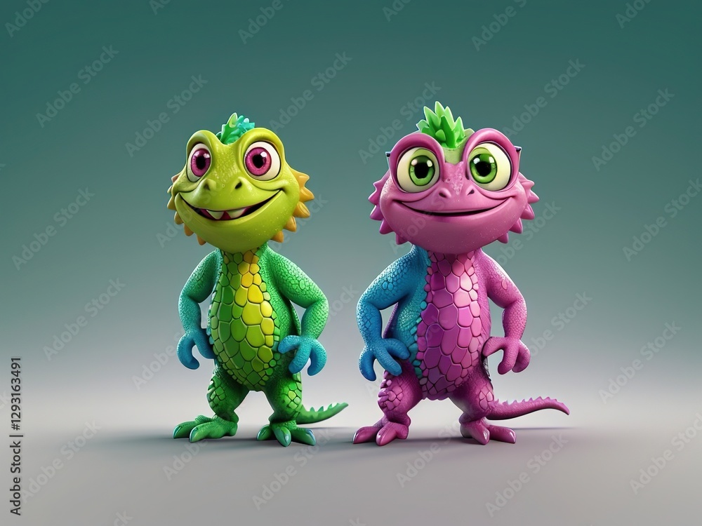 Fototapeta premium Colorful Cartoon Lizard Character – Cute and Playful 3D Illustration