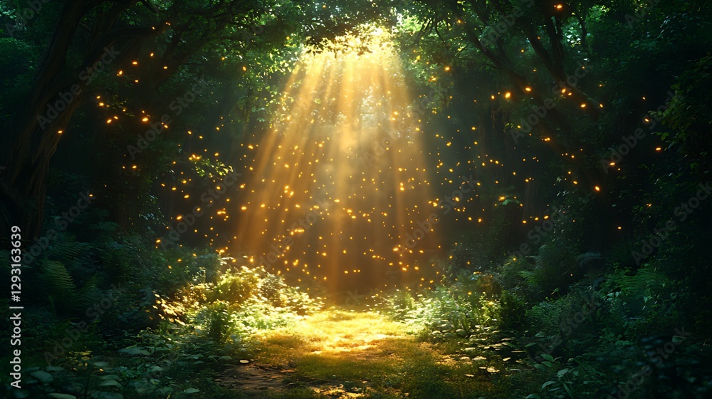 Obraz premium Magical forest path, sunbeams, fireflies, fantasy background, game design