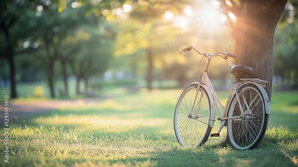 Fototapeta premium A bicycle rests by a tree, symbolizing simplicity and connection with nature.