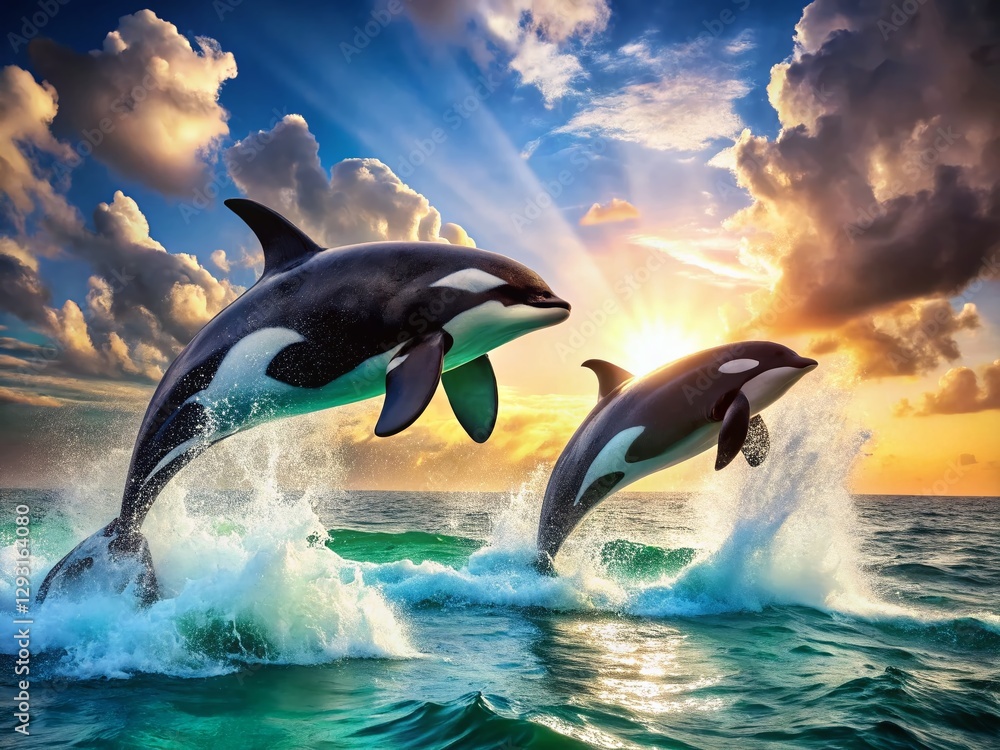 Fototapeta premium Majestic Orca Whales Breaching Ocean Waves: Dramatic Wildlife Photography