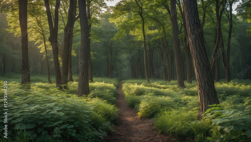 Fototapeta premium Serene Forest Landscape with Lush Greenery and Sunlight Filtering Through Trees