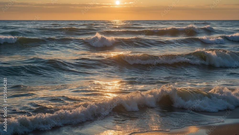 Naklejka premium Serene sunset over gentle sea waves reflecting golden light creating a tranquil coastal atmosphere.