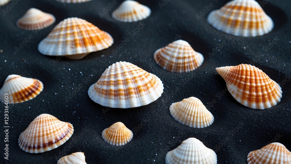 Seashells Displayed on Black Sand Beach Surface Capturing Coastal Beauty and Natural Textures