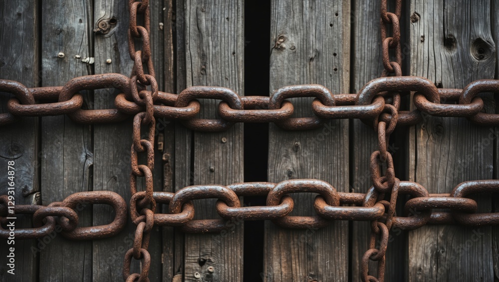 Rusty chains locked against textured weathered barn wood creating a rustic and industrial aesthetic in a vintage setting.