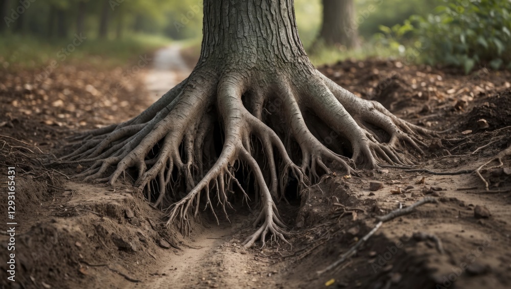 Fototapeta premium Ancient tree roots sprawling across a dirt trail illustrating nature's resilience and the relationship between flora and the earth.