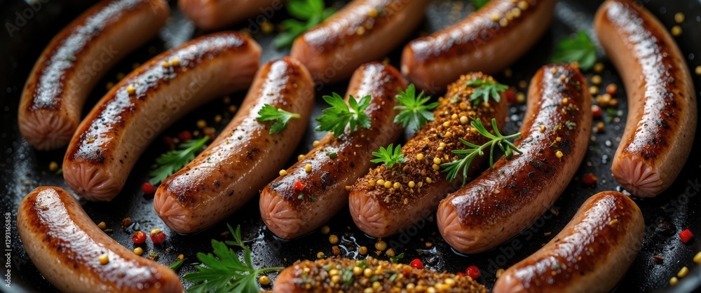 Fried Sausages Seasoned with Spices and Herbs on a Black Pan with Green Garnish and Blank Space for Text Fried Sausages Seasoned with Spices and Herbs on a Black Pan with Green Garnish and Blank Space for Text