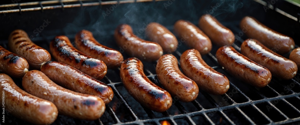 Grilled Sausages on Barbecue Grill with Smoke and Empty Space for Text Addition Grilled Sausages on Barbecue Grill with Smoke and Empty Space for Text Addition